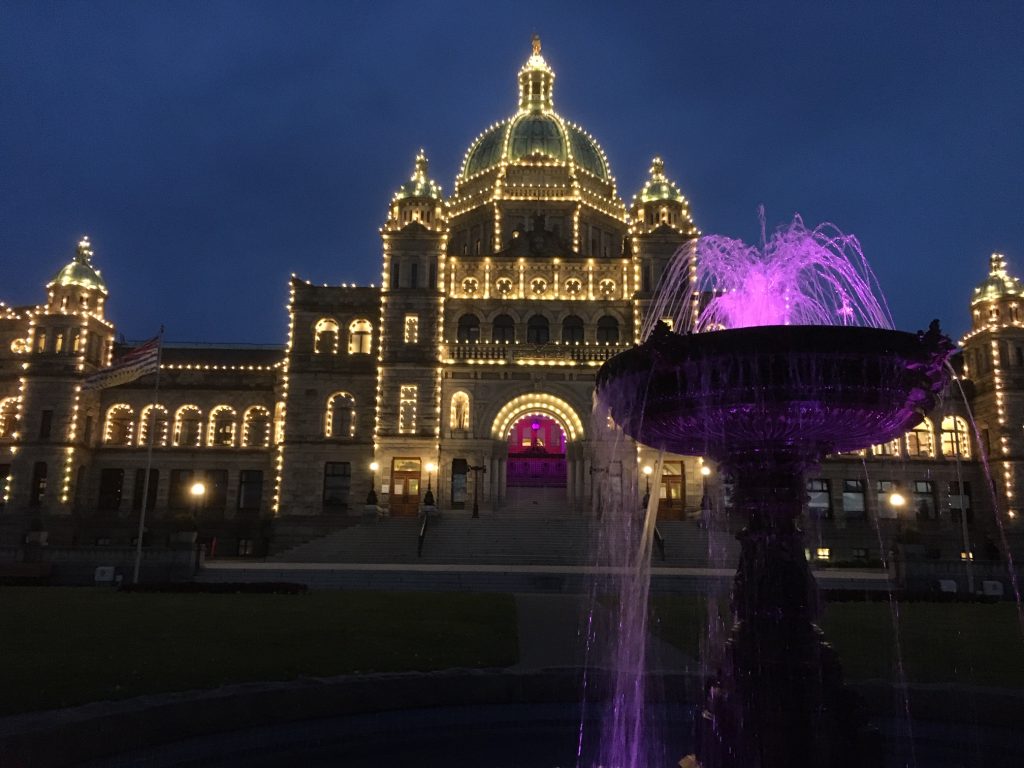 The fountain on the grounds of the provincial capital, Victoria, lit up in person to commemorate WEAAD 2020.