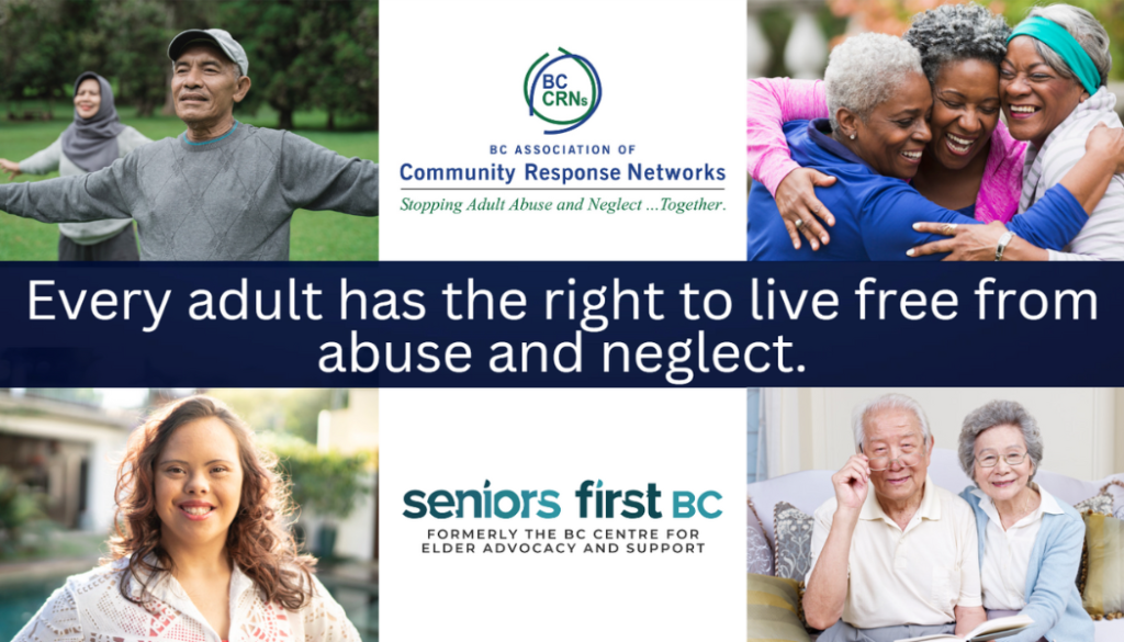 BC CRN postcard resource guide: every adult has the right to live free from abuse and neglect. Four images of happy people doing various activities.