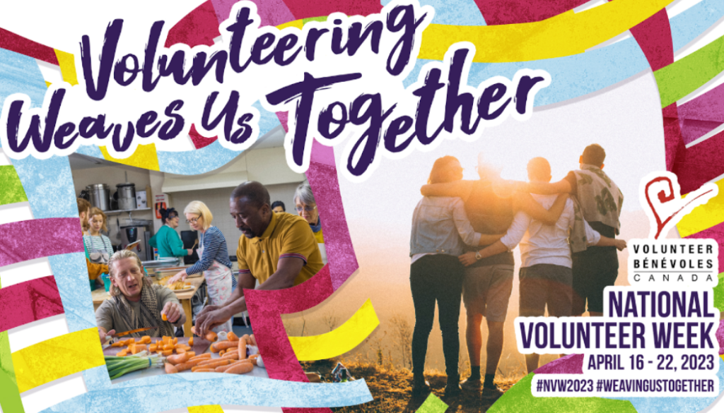 National Volunteer Week image banner: Colourful image with people helping each other titled volunteering weaves us together
