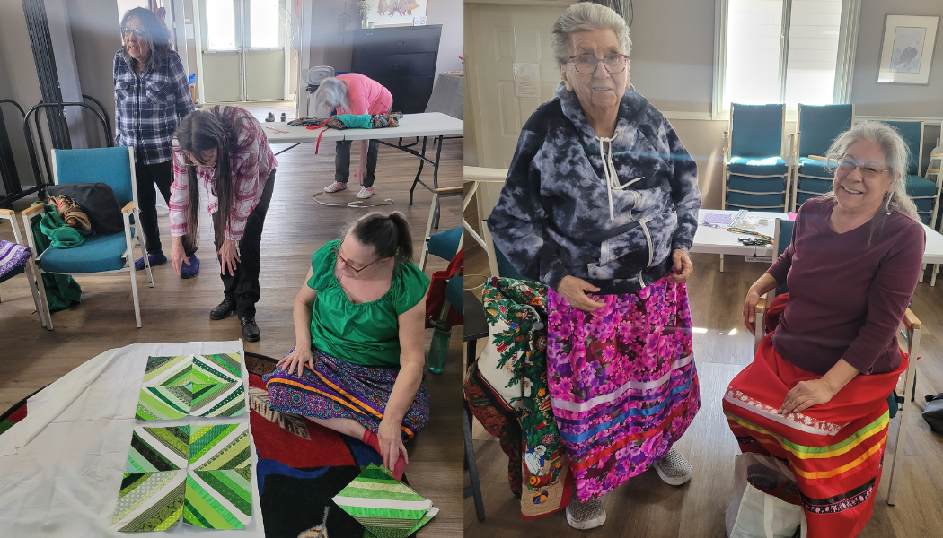 Combined images of people working on indigenous ribbon skirts from colourful fabrics.