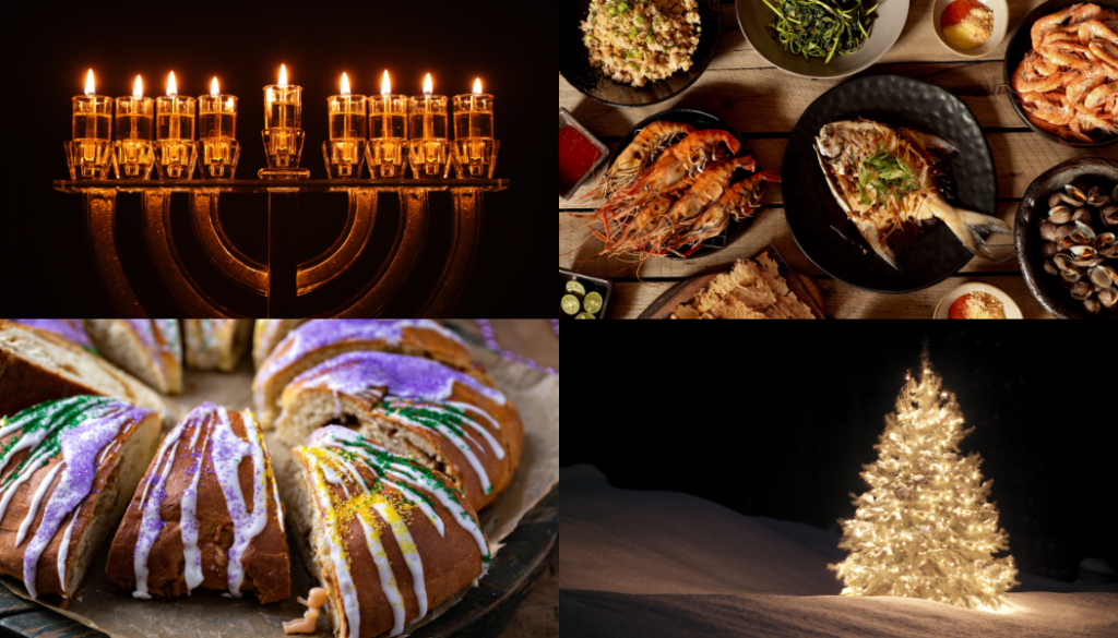BC CRN blog cover: collection of various cultural holiday celebrations: menorah candles stick, seafood buffet, evergreen tree with lights in the snow, king’s cake with colorful icing