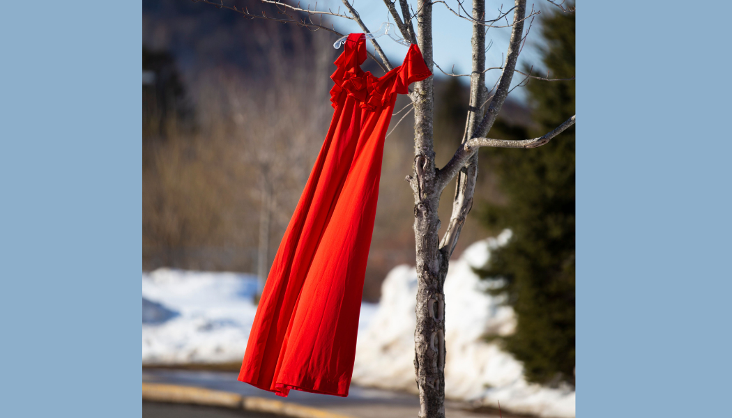 Red dress hanging from tree in honour of MMIWG2S+
